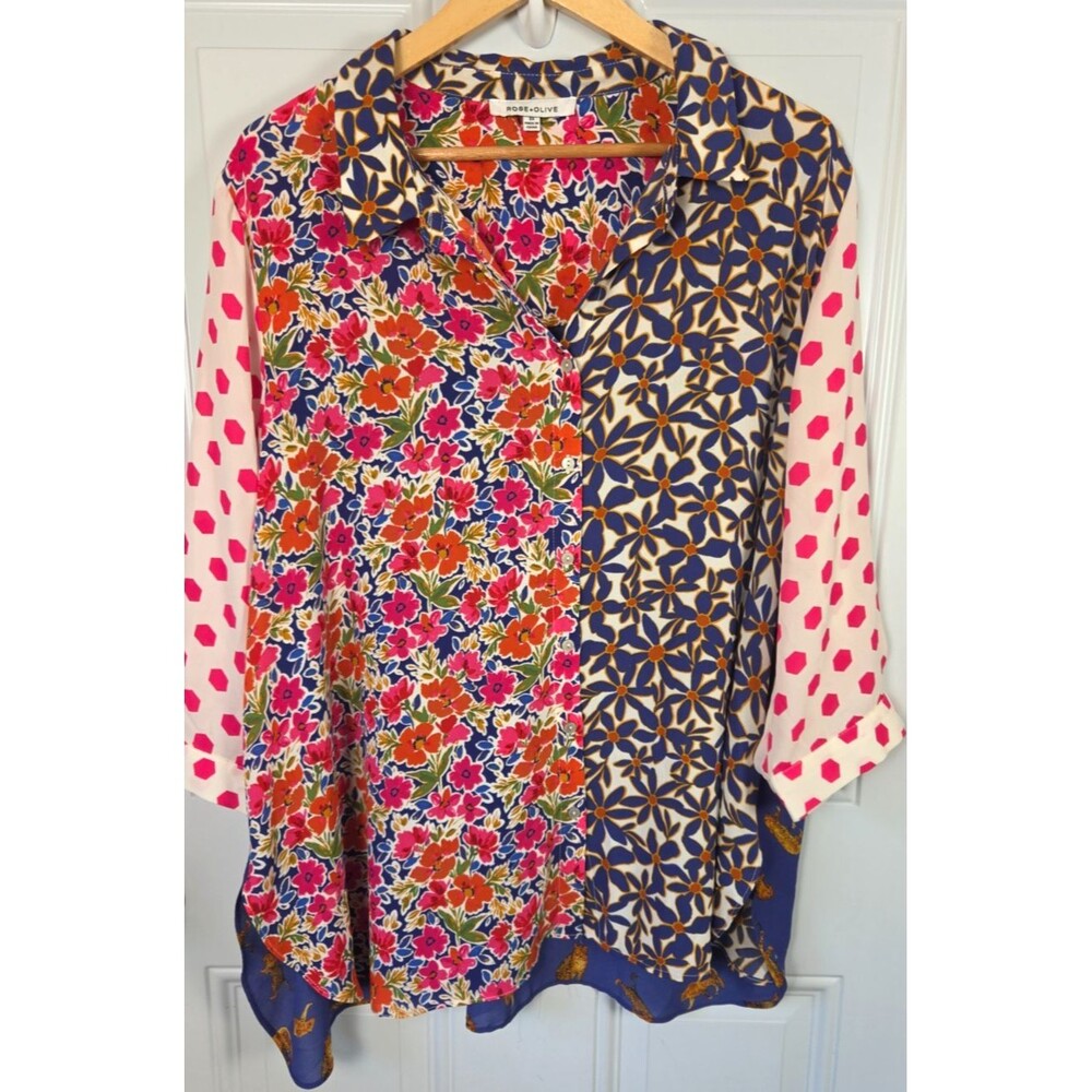 Rose & Olive Plus Size Mixed Print Long Sleeve Button-Up Top Size 2X